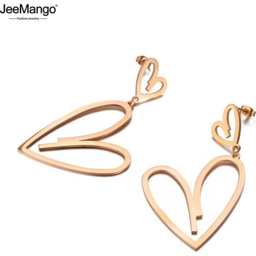 JeeMango Trendy 316L Stainless Steel Double Heart Earrings For Women Bohemia Rose Gold Summer Beach Earrings Jewelry JE20089