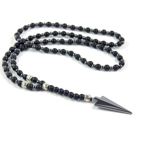 New Design Matte Black Onyx 6mm Round Beads and Hematite Beads 4mm Long Necklace with Arrow Pendant Fashion Mens Jewelry