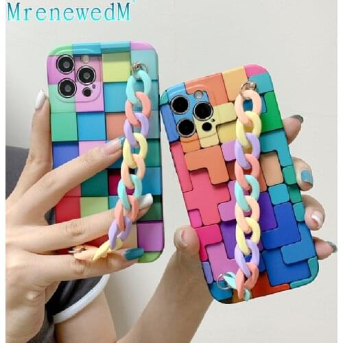 Fashion 3D Colorful Square Phone Case For iPhone 12 11 Pro XR XS Max 12 Mini SE2 7 8 Plus Chain Rainbow Bracelet Soft Back Cover
