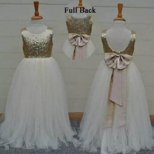 Real Sample High Quality Flower Girls Dresses Sparkly Gold Sequins Kids Long Formal Wedding Party Gowns Sleeveless Open Back Bow