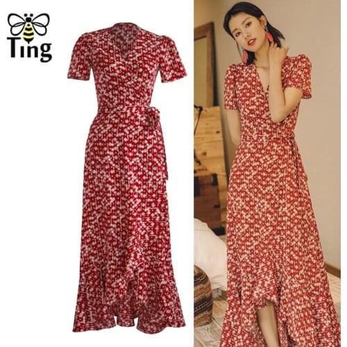 Tingfly Trendy Boho Print Maxi Dress Elegant V neck Ruffles Split Bohemian Long Dress Party Night Dresses Fashion Tie up Vestido