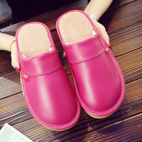 Plus Size 45/46 Unisex Home Slippers Women Winter PU Leather Shoes High Quality Female House Slippers Short Plush Shoes 2020