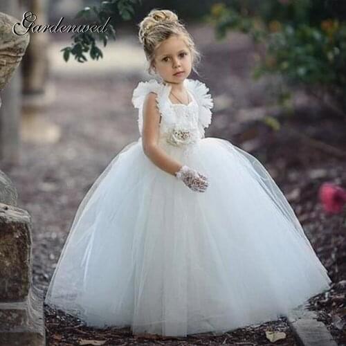 Gardenwed Puffy Ivory Flower Girl Dresses Satin V-Backless Straps Communion Dresses Kids Cap Sleeve Ball Gown,Celebrity Dresses