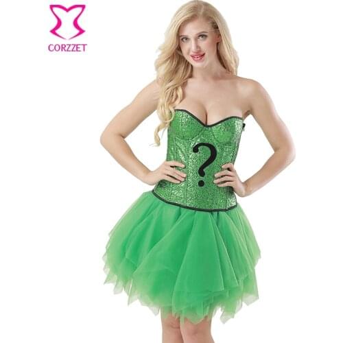 Sexy Green Sequin Question Mark Pattern Corset Dress Vintage Burlesque Cosplay Carnival Corset+Skirt Magician Outfits Costumes