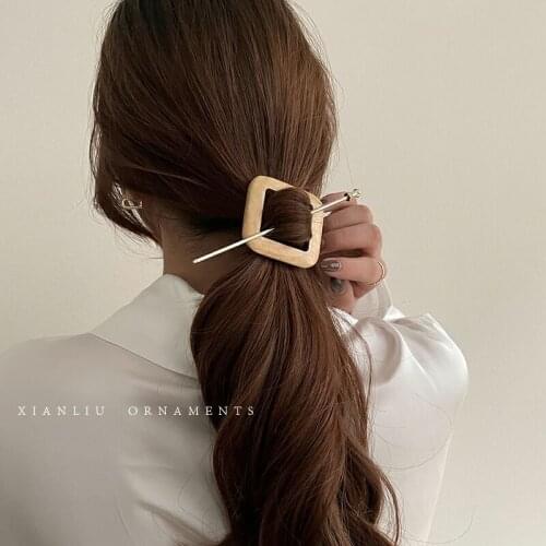 Korean-Style Geometric round Wooden Hairpin Womens Simple Modern Updo Bun Head Hairpin Headdress Pull Hair All-Matching