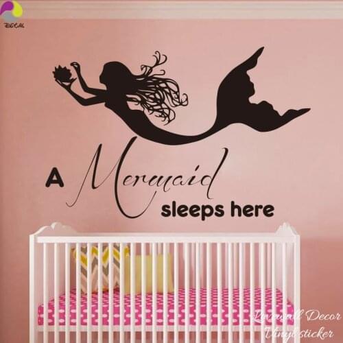 A Mermaid Sleeps Here Family Love Quote Wall Sticker Girl Nursery Cartoon Ocean Fish Decal Baby Nursery Kids Room Vinyl Decor
