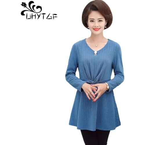 UHYTGF Womens T-Shirt Elegant Mother Spring Autumn Tops Casual Female Two-Piece Set Pullover Slim 5XL Plus Size Base Shirt 1322