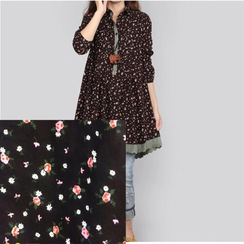 110x100cm 100% Cotton black flower print corduroy fabric for womens dress, baby cloth Bedding Textile Patchwork Quilt Sewing