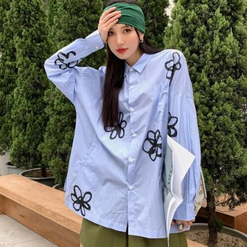 Women Blue White Striped Blouse Lapel Long Sleeve Loose Fit Lady Shirt Fashion Tide Summer 2021 New Arrivals Z389