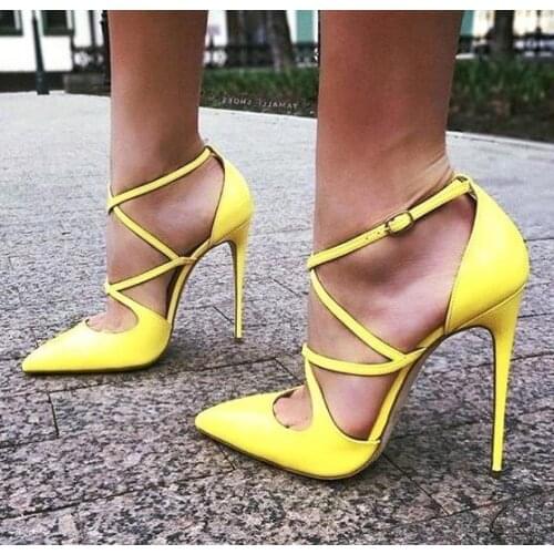 Sexy Yellow Leather Pumps Women Shoes Pointed Toe Ankle Cross Strap Thin Heels Banquet Dress Shoes Customized Ladies Pump
