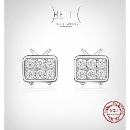 Beitil Genuine 925 Sterling Silver Cute Miniature TV Shape Stud Earrings For Women Girl Cute Dazzling Clear CZ Fine Jewelry