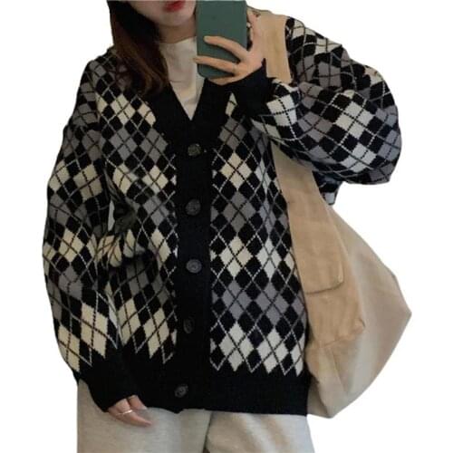 Spring Autumn Ladies Cardigans Long Sleeve Knitted Argyle Sweater V-neck Contrast Color Knit Top for Party Celebration