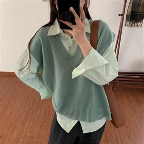 2021 Sweater Vest Women Solid V-neck Loose Knitted Leisure Simple Elegant Lovely All-match Retro Trendy Classic Jumpers College