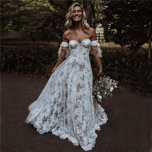 2021 Boho Beach Bride Dress Lace Sweetheart Detachable Sleeves Bridal Gowns Plus Size Wedding Dresses robe de soirée de mariage