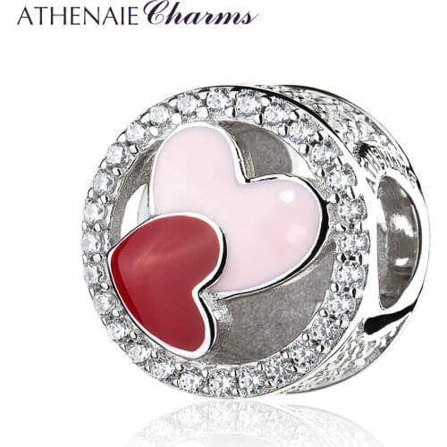 ATHENAIE 925 Sterling Silver Pave with Clear CZ Red and Pink Enamel Entwined Love Charms Bead For Lover