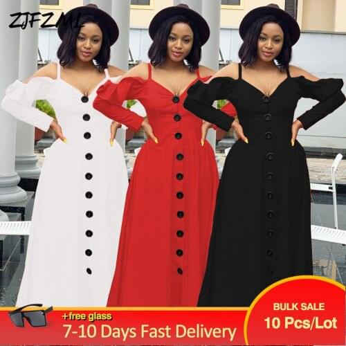 Bulk Items Wholesale Lots Womens Long Party Dress Cold Shoulder Ruffles Full Sleeve Vestidos Hipster Female Buttons Up Vestidos