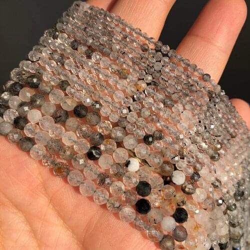 2/3/4mm Natural Faceted Black Rutilated Quartz Rondelle Accessories Stone Beads For Jewelry Making Diy Bracelet Necklace 15Inch