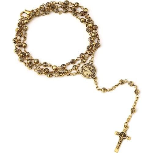 Jesus Christ Cross Pendant Necklaces Alloy Bead Long Chain Mens Women Virgin Mary Christian Fashion Jewelry Rosary Necklace