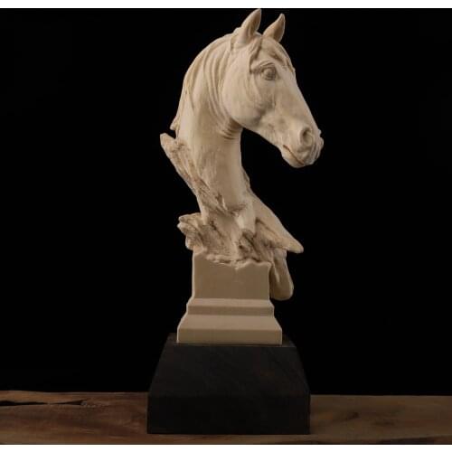 Cypress Wood 23cm Horse Head Sculpture Wood Carving Animal Statue Success Lucky Home Decor
