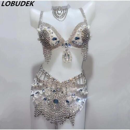 Sparkly Rhinestones Bra High-waist Shorts Tassel Bikini Outfit Sexy DJ Singer Dancer Women Stage Costume Silver Red Black Gold