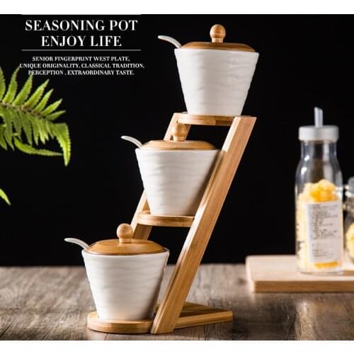European Style creative gift Ceramic Salt Shaker Kitchen Supplies Salt Jar Condiments Containers with Bamboo Cover Tray