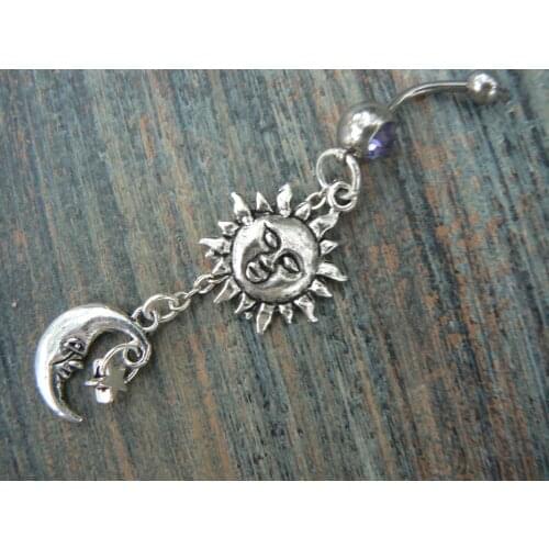 The sun and moon belly ring purple stones stars sun moon goddess celestial boho belly dancer pagen gypsy tribal fusion