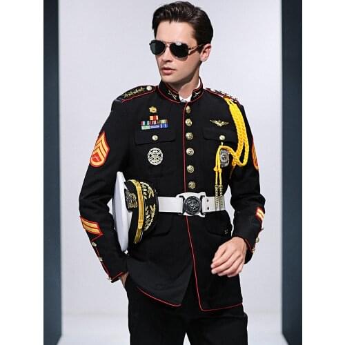 Navy Officer Costume Captain Uniform Seaman Sailor Jacket Mariner Black Stand-up Collar Security Guard Concierge Work Clothes