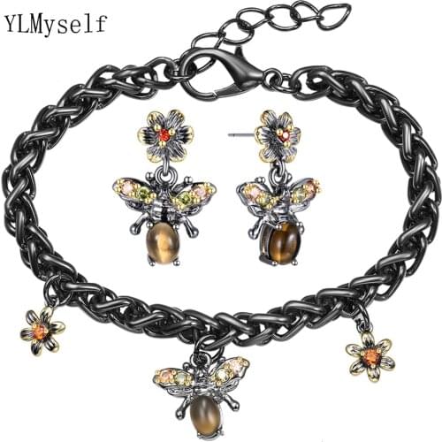 Brass Link Chain Bracelet Earrings Sets Lovely Animal Brown Cateye Stone 2 Tone plate Female 2pcs Jewelry
