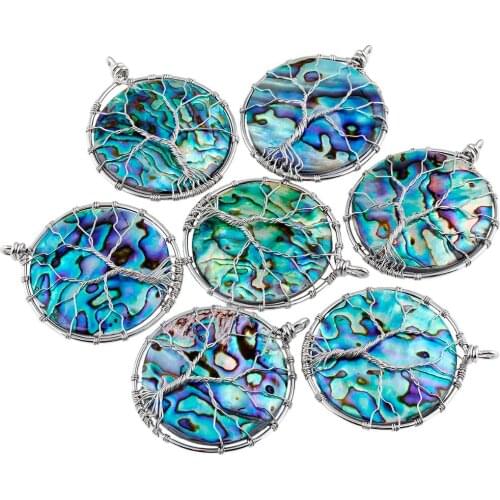 TUMBEELLUWA Handmade Copper Wire Wrapped Tree of Life Round Pendant Healing Crystal Chakra Jewelry