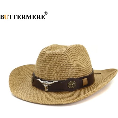 BUTTERMERE Hat Cowboy Men Straw Panama Hat Belt Cow Decorate Wide Brimmed Hats For Summer Khaki Male Hat 2021 New Arrival