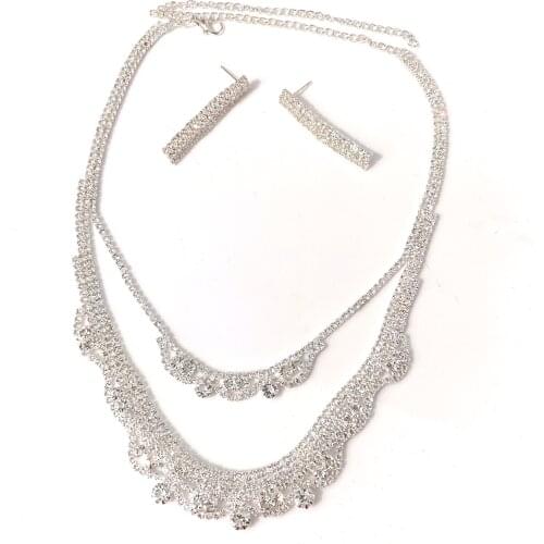 Luxury Shiny Wedding Bridal Silver Plated Necklace Earrings Jewelry Crystal Rhinestone Beads Jewelry Sets For Girls Wholesale