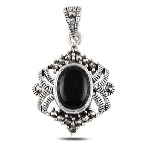 Silver 925 Sterling Onyx & Marcasite Pendant
