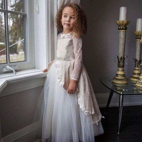 2-14Y Girls Kids Party Dresses Birthday Princess Dress Flower Girl Dress Pearl Belt Calf Length Girls Birthday Party Dress
