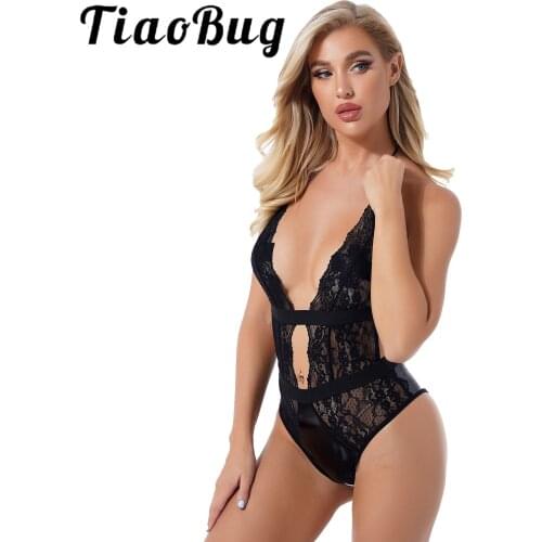 Womens Lace-up High Cut Leotard Halter Plunging Neckline Skinny Romper See-through Lace Patent Leather Patchwork Sexy Bodysuit