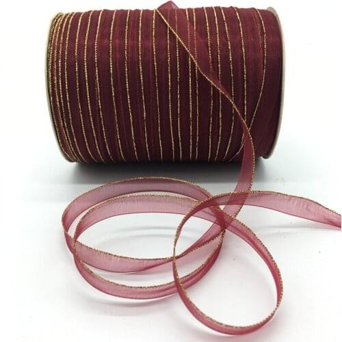 10yds/lot 3/8" 10mm Deep red Glitter Golden Rimmed Organza Ribbon Bow Hair Wedding Decoration Lace Crafts