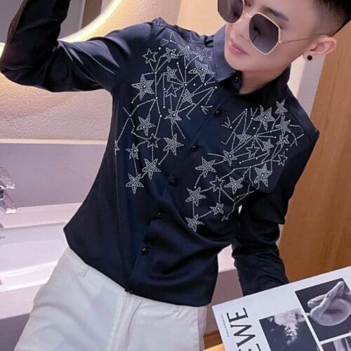 2021 New Luxury Rhinestone Mens Shirts Long Sleeve Slim Streetwear Casual Shirt Social Party Nightclub Tuxedo Men Clothing