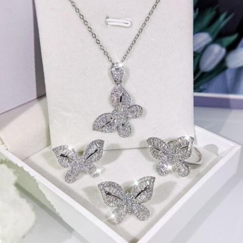 2021 New Fashion Womens Jewelry Set Butterfly Shape Earrings Ring Necklace Set 925 Silver Womens Wedding Jewelry Set