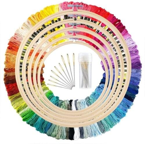 5 Pieces Bamboo Embroidery Hoops with 100 Colors Skeins Embroidery Thread Floss Cross Stitch and Needles