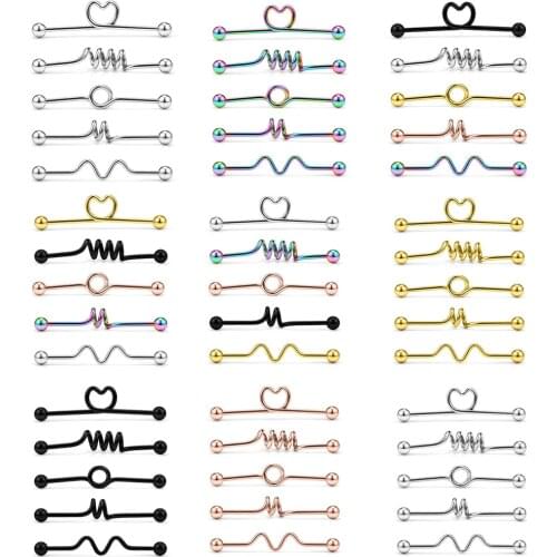 5Pcs/Set Fashion Stainless Steel Industrial Barbell Earrings Heart Rainbow Ear Cartilage Helix-Conch Piercing Jewelry