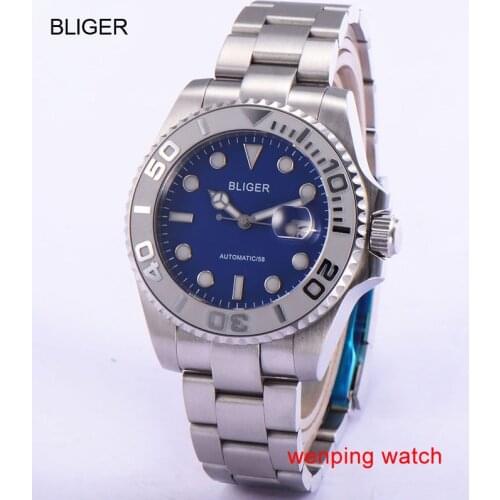 43mm Automatic Mens Watch Bliger blue dial Sapphire Glass blue dial Ceramics Bezel 1886