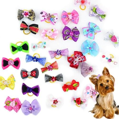 10Pcs Candy Colors Pet Cat Dog Hair Bows with Rubber Bands Grooming Accessories Cute Pet Headwear for Small Dogs Kitten Yourkies