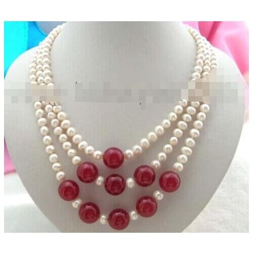 Free shipping ~$wholesale_jewelry_wig$ 20" 3rows Natural 14mm Red White Pearl Necklace
