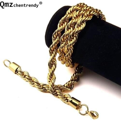 Hip Hop Bling Mens Twist Rope Chain Gold Necklace 75cm 6mm 9mm size Rope Copper Necklace Mens Gold Filled Rope Chain Jewelry