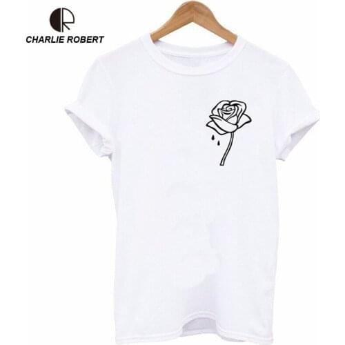 CR 2018 Women Plus Size 4XL Cotton T-Shirt 4 Colors Summer O-Neck Tee Tshirt Casual T Shirt Rose Printed Top