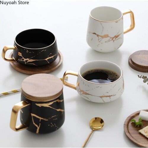 European Ceramic Marble Pattern 120ml Mug Tea Cup Light Luxury Golden Stroke Coaster Living Room Home Decoration Coffee Cup
