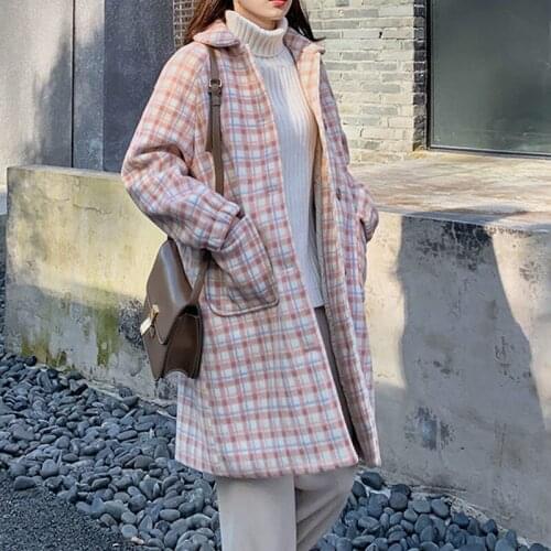 Herstory Women Wool Blends Sweet Girl Pink Plaid Korean Style Fashion Peter Pan Collar Kawaii Loose Casual All-match Harajuku