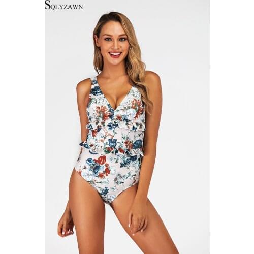 Bikini Set Floral Print Bandage Strap White Sexy Ruffles Patchwork Backless Swimwear Women Girls Summer Outdoor Swimming Suit