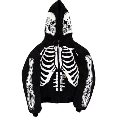 New Mens Fashion High Street Cardigan Jacket Autumn Winter Oversized Hoodie Skull Painting Street Sweatshirt Mens Hip Hop Coat