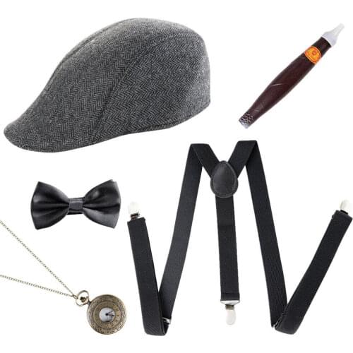 Best amazon seller 5pcs Set Mens 1920s Gangster Hat Braces Tie Cigar Gatsby Costume Accessories