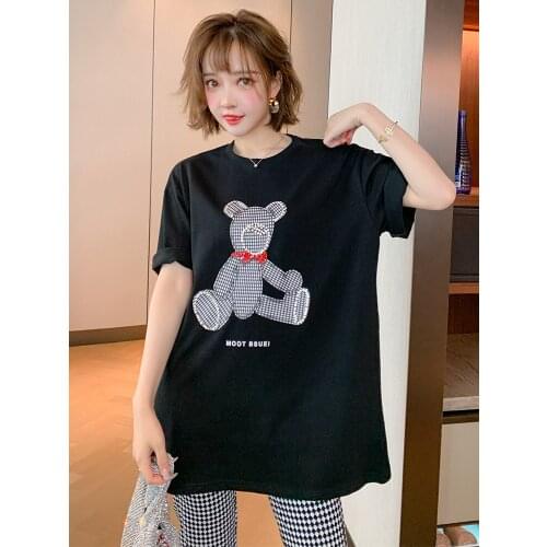 Cartoon bear nail drill collar fashion ladies' spring 2021 new joker oversize loose T-shirt